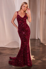 CD CR381 - Sequin Patterned Velvet Fit & Flare Prom Gown with Sheer V-Neck Bodice & Spaghetti Straps PROM GOWN CINDERELLA DIVINE 4 Burgundy 