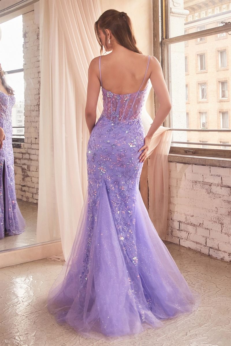 CD CR868 - Sequin Printed Fit & Flare Prom Gown with Sheer Boned Bodice & Leg Slit PROM GOWN Cinderella Divine 2 LILAC 