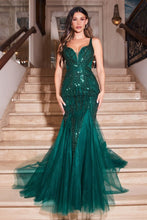 CD CR874 - Fully Beaded Fit & Flare Prom Gown with Plunging V-Neck Bodice Sheer Underarms & Layered Tulle Skirt PROM GOWN Cinderella Divine 2 EMERALD 