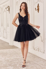 CD CY019 - Layered Glitter Tulle A-Line Homecoming Dress with Sequined Lace Adorned Boned V-Neck Bodice HOMECOMING Cinderella Divine XS BLACK 