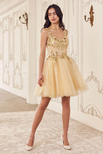 CD CY019 - Layered Glitter Tulle A-Line Homecoming Dress with Sequined Lace Adorned Boned V-Neck Bodice HOMECOMING Cinderella Divine XS CHAMPAGNE 