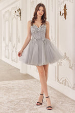 CD CY019 - Layered Glitter Tulle A-Line Homecoming Dress with Sequined Lace Adorned Boned V-Neck Bodice HOMECOMING Cinderella Divine XS SILVER 