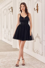 CD CY022 - Layered Glitter Tulle A-Line Homecoming Dress with Bead Embellished V-Neck Bodice & Lace-Up Corset Back Homecoming Cinderella Divine XXS BLACK 