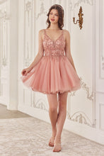 CD CY022 - Layered Glitter Tulle A-Line Homecoming Dress with Bead Embellished V-Neck Bodice & Lace-Up Corset Back Homecoming Cinderella Divine XXS ROSE GOLD 