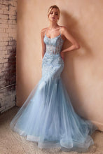 CD D145 - Crystal Embellished Floral Detailed Mermaid Prom Gown with Sheer Boned Corset Bodice & Open Lace Up Corset Backc PROM GOWN Cinderella Divine 2 LT BLUE 