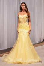 CD D145 - Crystal Embellished Floral Detailed Mermaid Prom Gown with Sheer Boned Corset Bodice & Open Lace Up Corset Backc PROM GOWN Cinderella Divine 2 YELLOW 