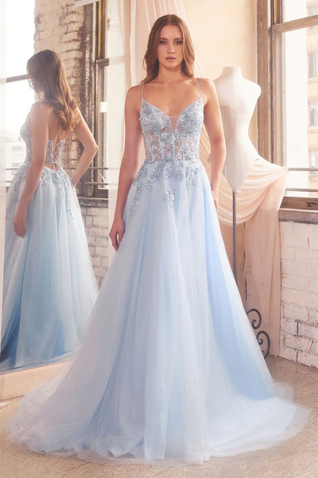 CD D553 - Embellished Tulle A-Line Prom Gown with Sheer Boned Bodice & Lace Up Corset Back PROM GOWN Cinderella Divine 2 LT BLUE 