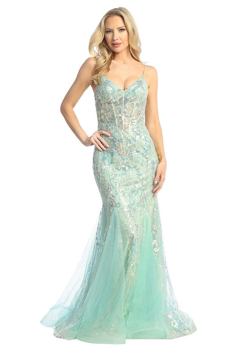 LF 7882 - Iridescent Sequin Embellished Fit & Flare Prom Gown with Sheer Boned Bodice PROM GOWN Let's Fashion XS MINT 