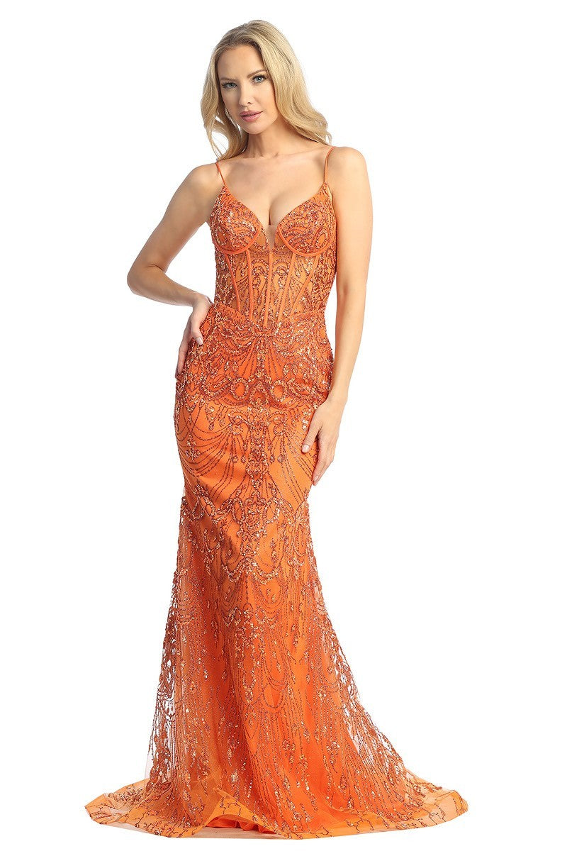 LF 7872 - Glitter Detailed Fit & Flare Prom Gown with Sheer Corset Bodice & Open Lace Up Back 3XL / ORANGE LF 7872 - Glitter Detailed Fit & Flare Prom Gown with Sheer Corset Bodice & Open Lace Up Back 3XL / ORANGE