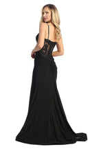 LF 7761 - Stretch Satin Fit & Flare Prom Gown with Sheer Bead & Lace Embellished Bodice & Leg Slit PROM GOWN Let's Fashion   