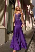 N G1364 - Stretch Shimmer Satin Fit & Flare Prom Gown with Beaded Lace Detailed Bodice & Lace Up Corset Back PROM GOWN Nox 00 PLUM 
