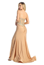 LF 7761 - Stretch Satin Fit & Flare Prom Gown with Sheer Bead & Lace Embellished Bodice & Leg Slit PROM GOWN Let's Fashion   