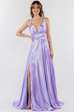 GL 2963 - Stretch Satin A-Line Prom Gown with Ruched V-Neck Bodice & Strappy Back PROM GOWN GLS XS LILAC 