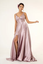 GL 2963 - Stretch Satin A-Line Prom Gown with Ruched V-Neck Bodice & Strappy Back PROM GOWN GLS XS MAUVE 