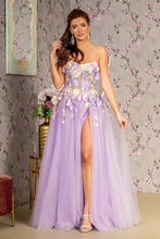 GL 3233 - Glitter Tulle 3D Floral A-Line Prom Gown with Sheer Boned Bodice Removable Puff Sleeves Leg Slit & Lace Up Back PROM GOWN GLS XS LAVENDER 