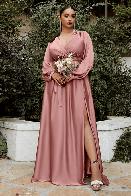 CD 7475C -Plus Size Split Bloused Long Sleeve Satin Pleated Wrap Dress With Deep V-Neck & High Leg Slit Mother of the Bride Cinderella Divine   