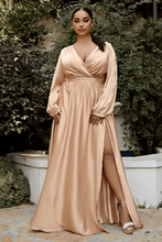 CD 7475C -Plus Size Split Bloused Long Sleeve Satin Pleated Wrap Dress With Deep V-Neck & High Leg Slit Mother of the Bride Cinderella Divine 18 NUDE 