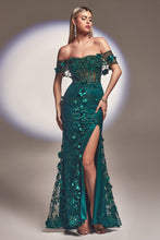 CD J832 - Off the Shoulder Fit & Flare Prom Gown with Glitter Print & 3D Floral Applique Sheer Boned Bodice & Leg Slit PROM GOWN Cinderella Divine 4 EMERALD 