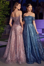 CD J835 - Off the Shoulder Glitter Print A-Line Prom Gown with Sheer Boned Bodice PROM GOWN Cinderella Divine 4 LAPIS BLUE 