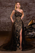 CD J869 - One Shoulder Glitter Print Fit & Flare Prom Gown with Sheer Corset Bodice Leg Slit & Removeable Layered Tulle Overskirt PROM GOWN Cinderella Divine