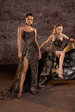 CD J869 - One Shoulder Glitter Print Fit & Flare Prom Gown with Sheer Corset Bodice Leg Slit & Removeable Layered Tulle Overskirt PROM GOWN Cinderella Divine 2 BLACK GOLD