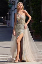 CD J869 - One Shoulder Glitter Print Fit & Flare Prom Gown with Sheer Corset Bodice Leg Slit & Removeable Layered Tulle Overskirt PROM GOWN Cinderella Divine