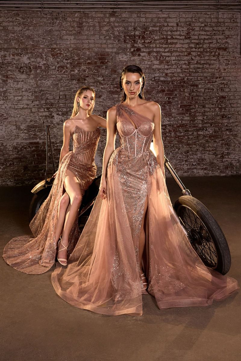 CD J872 - Strapless Glitter Patterned Fit & Flare Prom Gown with Sheer Boned Bodice Leg Slit & Side Sash - Diggz Formals