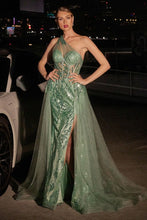 CD J869 - One Shoulder Glitter Print Fit & Flare Prom Gown with Sheer Corset Bodice Leg Slit & Removeable Layered Tulle Overskirt PROM GOWN Cinderella Divine