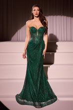 CD J871 - Strapless Linear Bead Embellished Fit & Flare Prom Gown with Sheer Bodice & Open Lace Up Corset Back PROM GOWN Cinderella Divine 2 EMERALD 