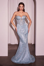 CD J871 - Strapless Linear Bead Embellished Fit & Flare Prom Gown with Sheer Bodice & Open Lace Up Corset Back PROM GOWN Cinderella Divine 2 LT BLUE 