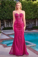 CD J871 - Strapless Bead Embellished Fit & Flare Prom Gown Adorned with Rhinestone Fringe Trimmed Bodice & Open Lace Up Corset Back PROM GOWN Cinderella Divine 2 MAGENTA