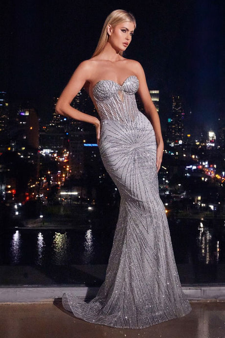 CD J871 - Strapless Linear Bead Embellished Fit & Flare Prom Gown with Sheer Bodice & Open Lace Up Corset Back PROM GOWN Cinderella Divine   