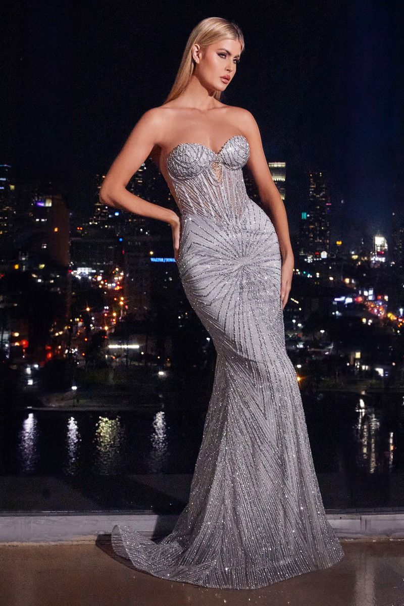 CD J871 - Strapless Linear Bead Embellished Fit & Flare Prom Gown with Sheer Bodice & Open Lace Up Corset Back PROM GOWN Cinderella Divine 2 SILVER 