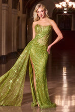 CD J872 - Strapless Glitter Patterned Fit & Flare Prom Gown with Sheer Boned Bodice Leg Slit & Side Sash - Diggz Formals