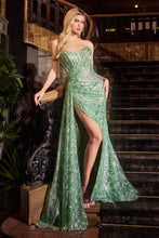 CD J872 - Strapless Glitter Patterned Fit & Flare Prom Gown with Sheer Boned Bodice Leg Slit & Side Sash - Diggz Formals