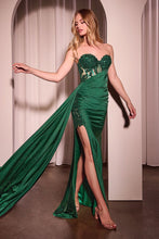 CD J875 - Strapless Stretch Jersey Fit & Flare Prom Gown with Sheer Beaded Lace Embellished Bodice Leg Slit & Side Sash PROM GOWN CINDERELLA DIVINE 2 Emerald 