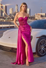 CD J884 - Strapless Fit & Flare Prom Gown with Bone Structured Bodice Side Sash Leg Slit & Lace Up Back PROM GOWN Cinderella Divine 0 Magenta