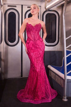 CD J888 - Sequin Patterned Fit & Flare Prom Gown with Beaded Lace Bodice & Open Lace Up Back PROM GOWN Cinderella Divine 0 Magenta