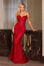 CD J888 - Sequin Patterned Fit & Flare Prom Gown with Beaded Lace Bodice & Open Lace Up Back PROM GOWN Cinderella Divine 0 Red
