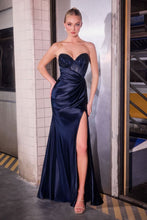 CD J899 - Satin Fit & Flare Prom Gown with Crystal Embellished Corset Bodice & Leg Slit - Diggz Formals