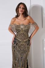 CD J908 - Bead Patterned Fit & Flare Prom Gown with Off the Shoulder Trimmed in Crystal Fringe & Open Lace Up Back PROM GOWN Cinderella Divine