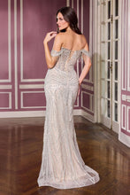 CD J908 - Bead Patterned Fit & Flare Prom Gown with Off the Shoulder Trimmed in Crystal Fringe & Open Lace Up Back PROM GOWN Cinderella Divine