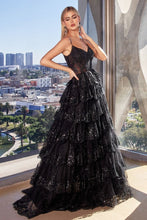 CD KV1108 - Sequin Ball Gown with Sheer Boned Corset Bodice & Layered Ruffle Skirt PROM GOWN Cinderella Divine 2 BLACK 