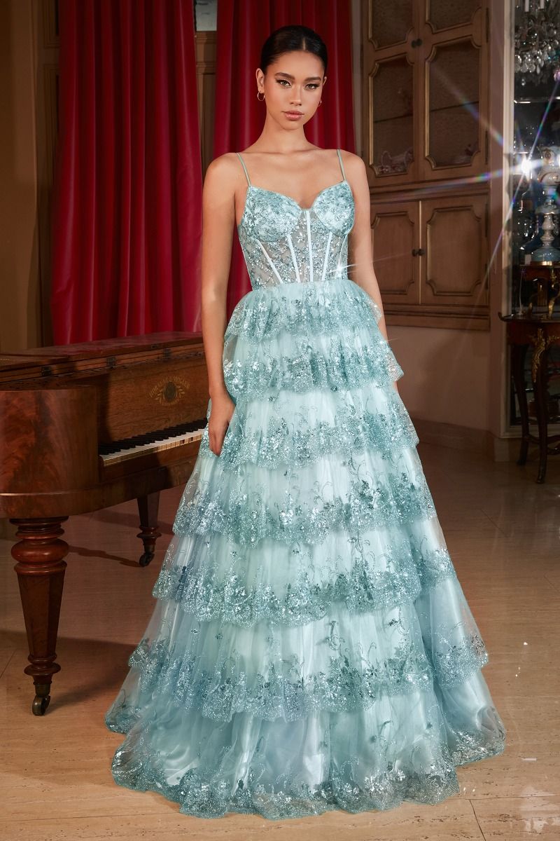 CD KV1108 - Sequin Ball Gown with Sheer Boned Corset Bodice & Layered –  Diggz Formals