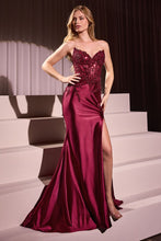 CD KV1112 - Strapless Satin Fit & Flare Prom Gown with Sheer Lace Corset Bodice & Leg Slit PROM GOWN CINDERELLA DIVINE Burgundy 2