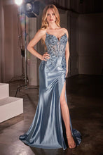 CD KV1112 - Strapless Satin Fit & Flare Prom Gown with Sheer Lace Corset Bodice & Leg Slit PROM GOWN Cinderella Divine Dusty Blue 2