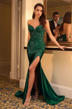 CD KV1112 - Strapless Satin Fit & Flare Prom Gown with Sheer Lace Corset Bodice & Leg Slit PROM GOWN Cinderella Divine Emerald 2