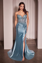 CD KV1112 - Strapless Satin Fit & Flare Prom Gown with Sheer Lace Corset Bodice & Leg Slit PROM GOWN Cinderella Divine light blue 2