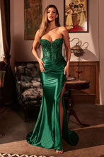 CD KV1116 - Strapless Stretch Satin Fit & Flare Prom Gown with Boned Beaded Lace Appliqued Bodice Leg Slit & Open Lace Up Back PROM GOWN Cinderella Divine 2 Emerald