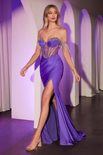 CD KV1123 - Fringed Off the Shoulder Shimmer Stretch Jersey Fit & Flare Prom Gown with Sheer Beaded Bodice & Leg Slit PROM GOWN Cinderella Divine 0 Lilac